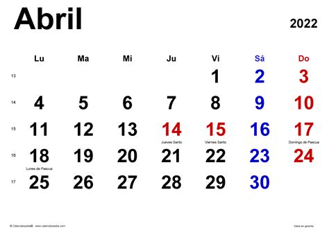 calendario abril 2022
